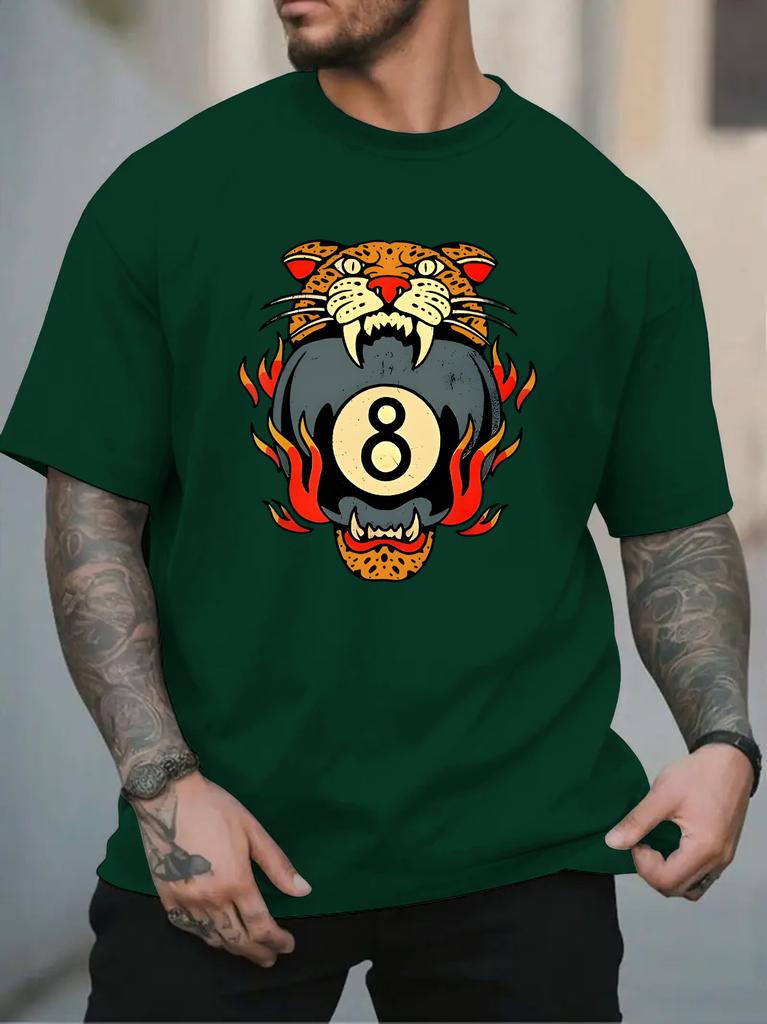 Unisex White Crew Neck Tee Traditional Tattoo Style Leopard Head Flaming Eight Ball Retro Billiard Pool Art Casual Cotton Male Tops