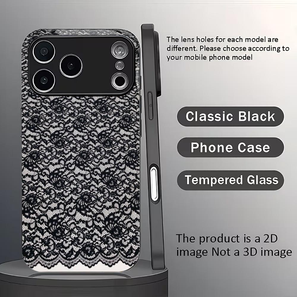 Moderne Schwarze Spitze Floral Handyhülle Handys für iPhone 17 Pro Max Hülle Glas für iPhone 17 16 15 14 13 12 11pm Pro Plus
