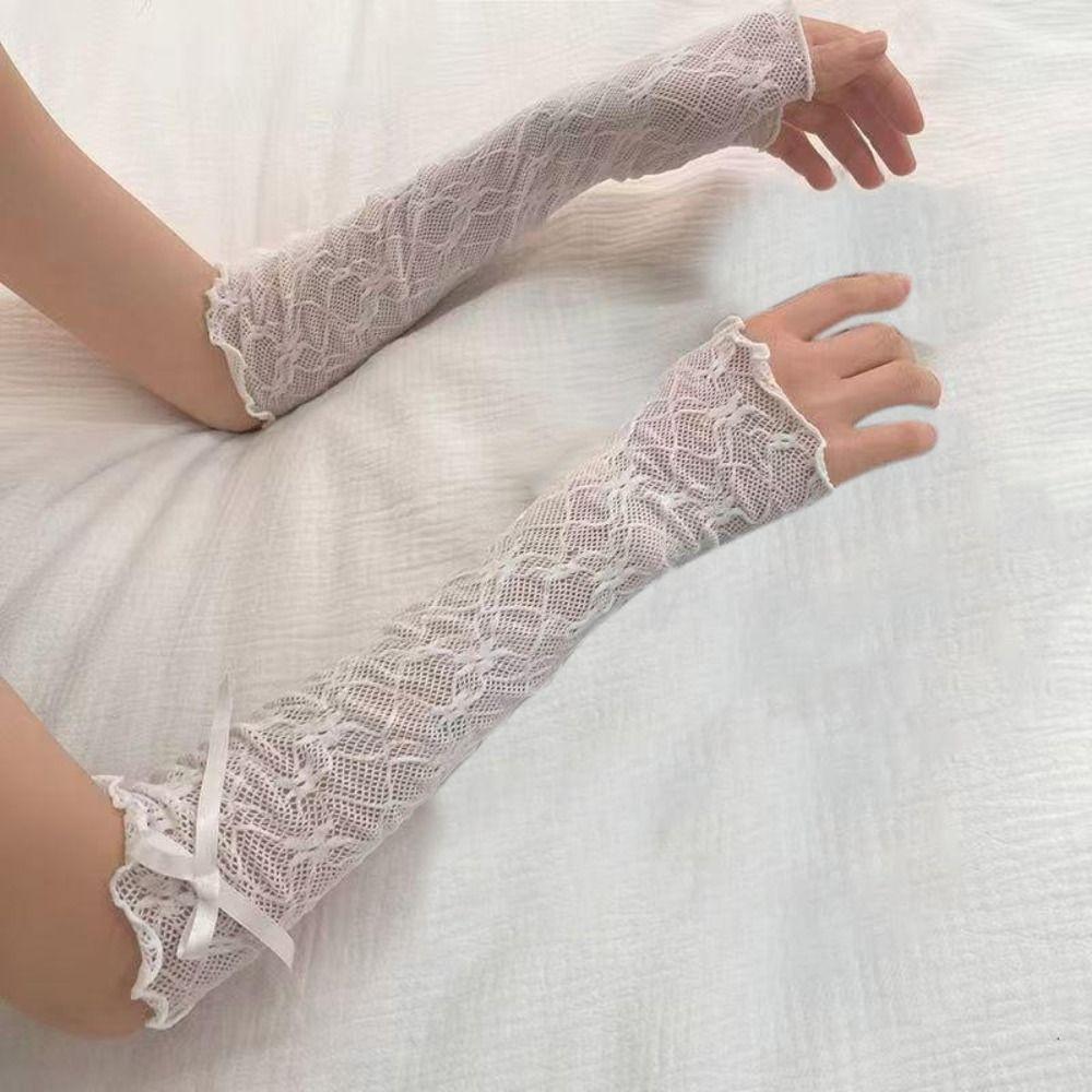 Kawaii Lace Ruffle Arm Sleeves Bowknot Strapping Fishnet Design Lace Gloves Elastic Cuff Mesh Gloves Clothes Accessories