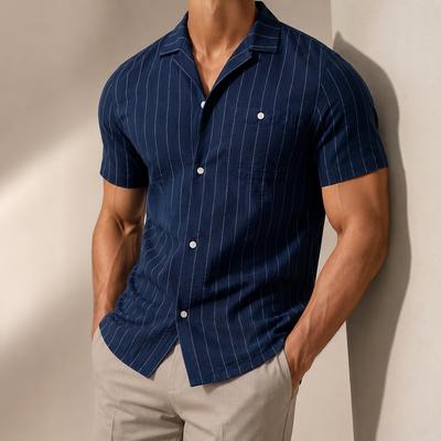 Men's Striped Cuban Collar Shirt Short Sleeve Button Down Cotton Smart Casual Old Money Vintage Resort Pocket Top