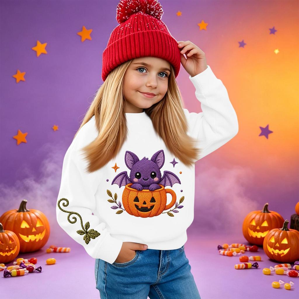 Kids' casual long-sleeved sweatshirt with Halloween print, suitable for holiday parties and everyday wear.