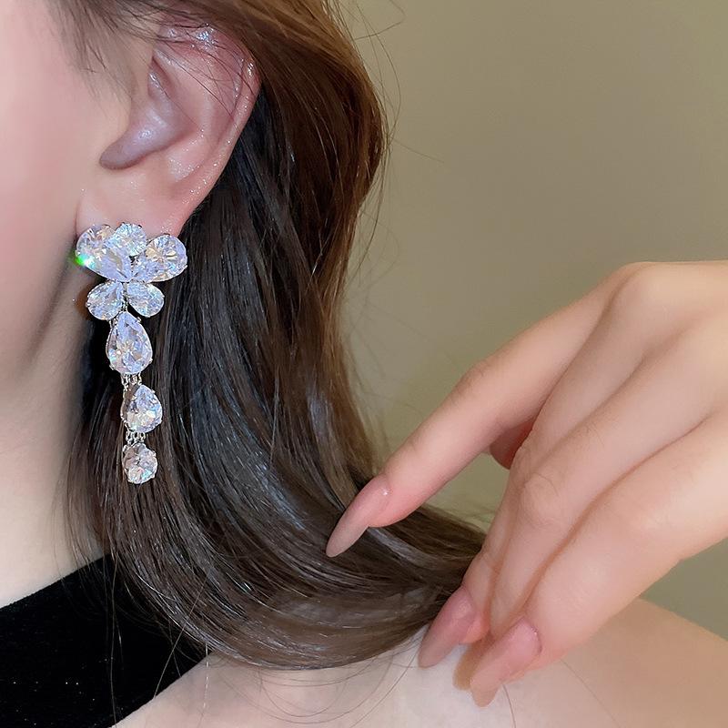 Silver Needle Zircon Butterfly Tassel Earrings & Necklace Set - Elegant Fashion Clavicle Chain for Weddings
