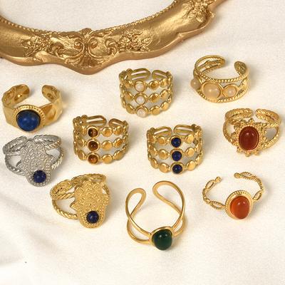 1/6pcs Real Tiger Eye Blue Red Transparent Stone Open Adjustable Stainless Steel Rings For Women Men Accessories Vintage Jewelry