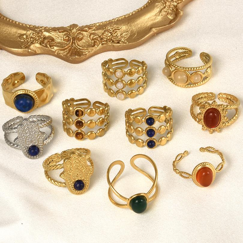 1/6pcs Real Tiger Eye Blue Red Transparent Stone Open Adjustable Stainless Steel Rings For Women Men Accessories Vintage Jewelry