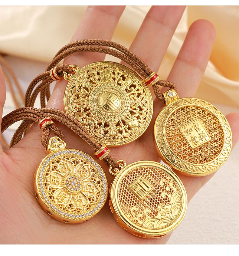 Golden Eight Treasures Compass Necklace with Ruyi Woven Cord and Longevity Lock Pendant
