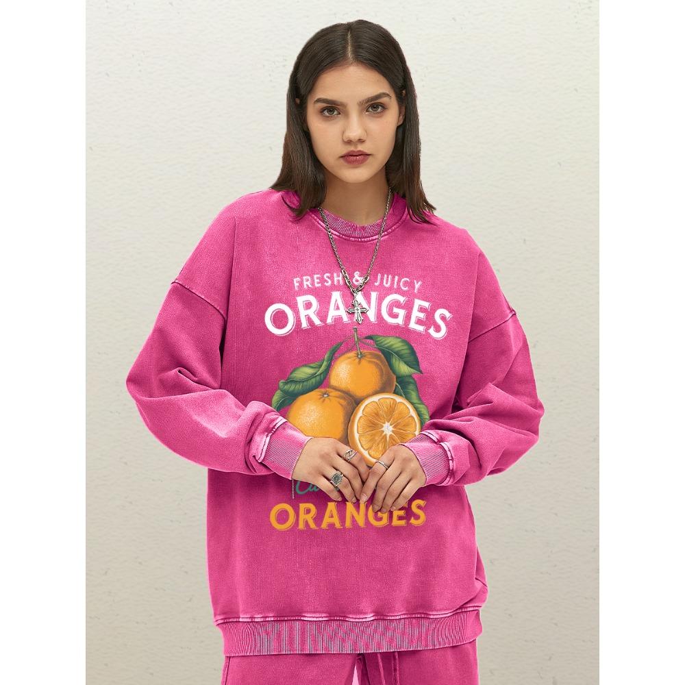 

Женский выстиранный свитшот с принтом свежих сочных апельсинов, осенняя хлопковая одежда, повседневный пуловер с круглым вырезом, свободная спортивная одежда 3XL