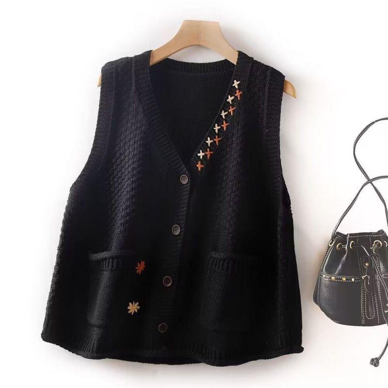 Vintage Strickweste Damen Mode V-Ausschnitt Frühling Herbst Gestrickter Mantel Floral Strickware Ärmellose Oberbekleidung Lässig Harajuku Täglich