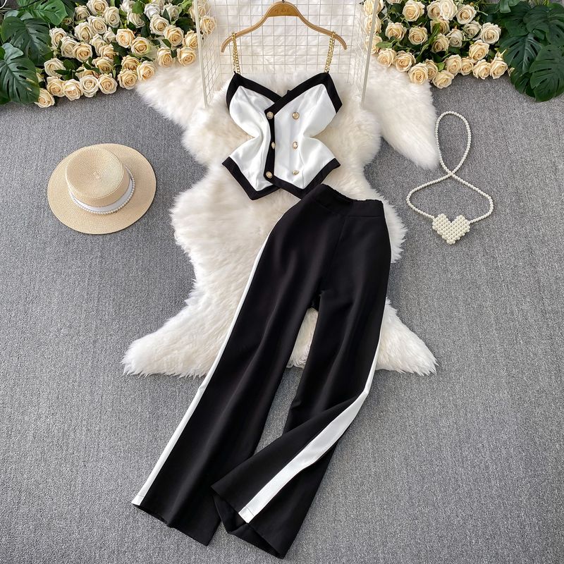 

American Gyaru Sexy Irregular Contrast Color V-neck Double Breasted Cami + High Waist Slimming Wide Leg Pants Two-piece Set White Two-piece set XL