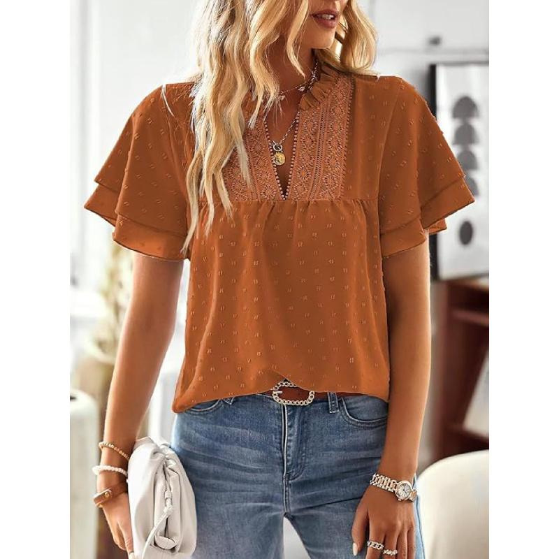 Elegant Resort-Style Deep V Lace Short-Sleeve Women's Blouse 2026 Spring/Summer