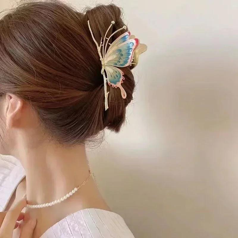 Women Fashion Vintage Painted Butterfly Hair Claws Luxury Hair Clips for Girl Crab Large Size Barrette Headwear Hair Accessories