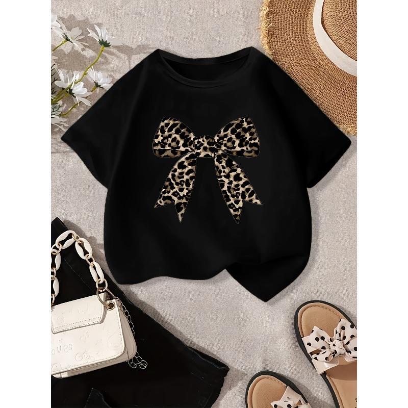Children Crew Neck Short Sleeve T-Shirt with Leopard Print Bow Print