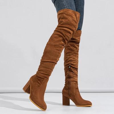 Pleated Flocks Thick High Heel Over The Knee Long Boots for Womens Shoes Winter Round Toe Side Zipper Sexy Thigh High Boot