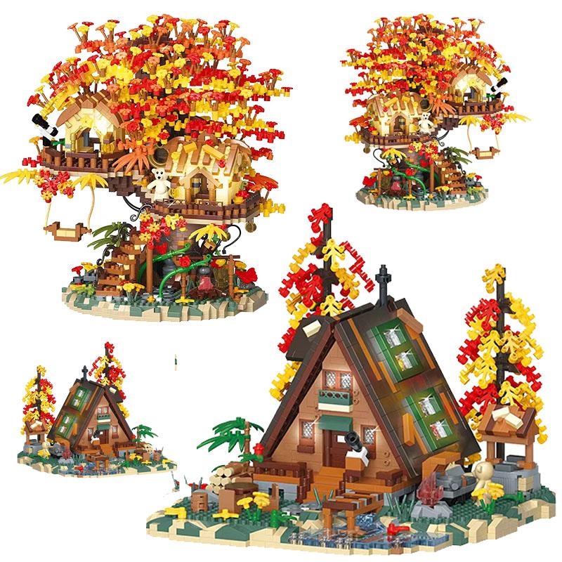 MOC Creative Secret Forest Small Yard Tree House Building Blocks LED Lights Autumn Cabin Desktop Decor Bricks Toys Gift for Kids