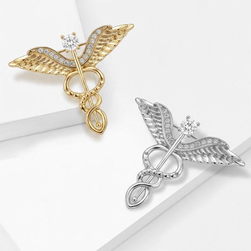 Lapel Brooch Accessory with Clear Stone Caduceus Shape, Copper Pin for Jacket, Scarf and Collar Outfit Wear Styling