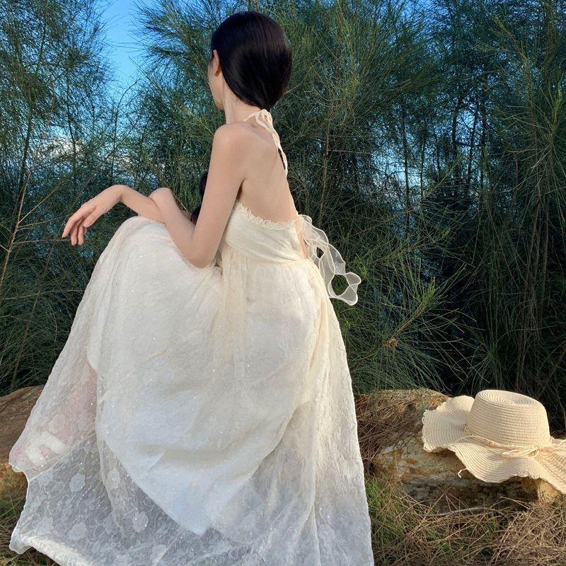 Elegant Off-Shoulder Backless Maxi Dress Women Floral Jacquard Lightweight Vacation In Beige Loose Waist Sleeveless 2025 New Arrival