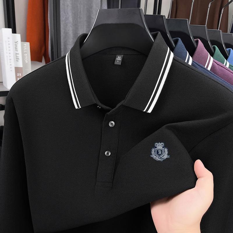 Cotton High-End Brand Men's Polo Shirt Lapel Long Sleeve T-Shirt Autumn Arrival Badge Print Soft Business Office Menswear