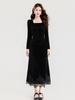 Autumn Elegant Velvet Dress with Square Neck and Lace Trim