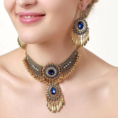 Ethnic Style Crystal Rhinestone Geometric Necklace and Earring Set , Boho Chic Adjustable Length Jewelry