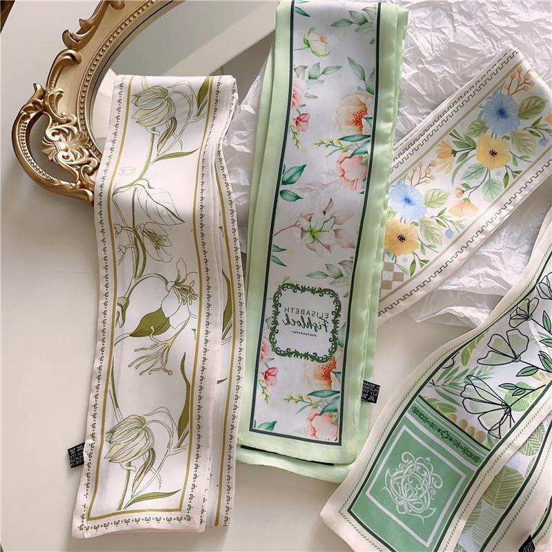 Green Flower Gift Box Silk Scarf Tie Bag Ribbon for Women, Non-Slip Stretchy Headband Wrap, Yoga Skincare Gym Workout Daily Cute