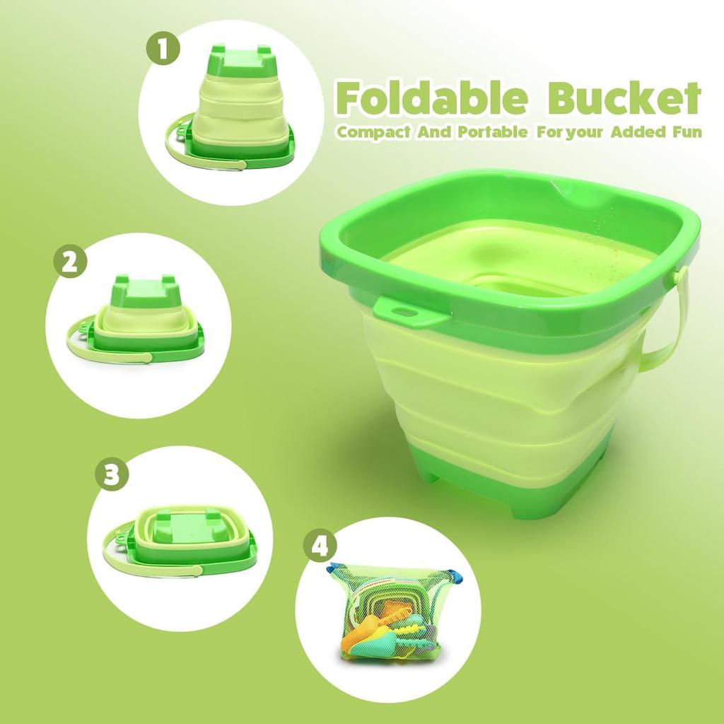 Collapsible Beach Sand Toys for Kids - Travel Beach Toys with 3 Collapsible Beach Buckets,3 Beach Shovels, 4 Sand Molds, Mesh Bags,Sand Bucket Shovel