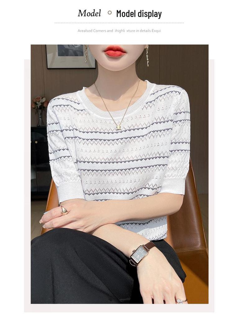 Damen Eisseide Colorblock Strick-T-Shirt - Kurzarm, Rundhalsausschnitt, Sommermode