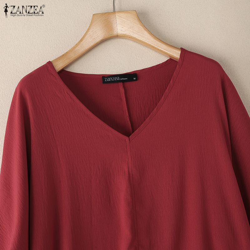 ZANZEA Women Casual V-Neck Loose 3/4 Sleeve Solid Blouse