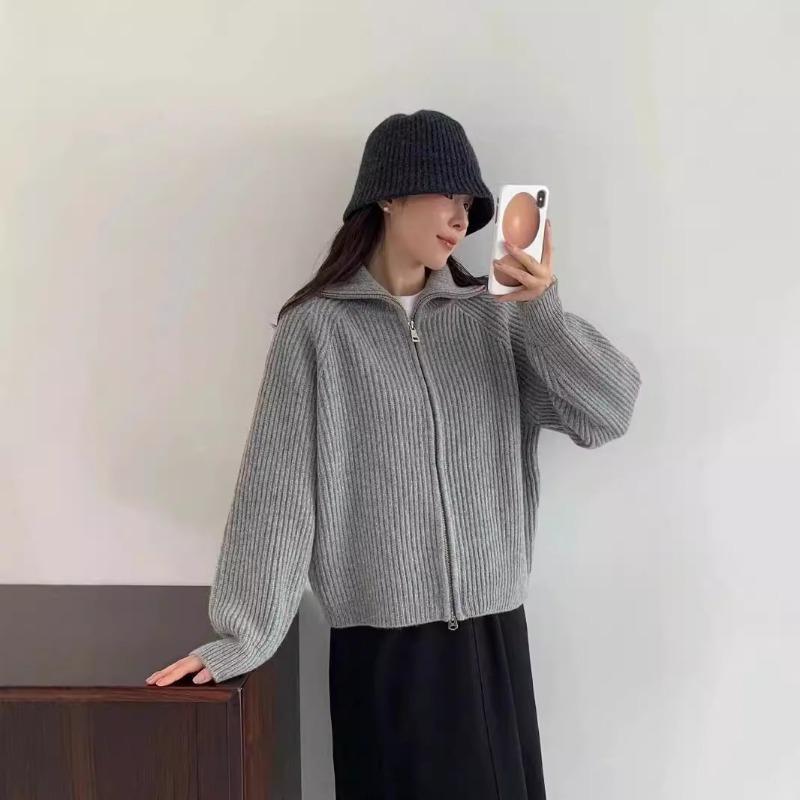 New solid color pit strip double zipper design sense shoulder long sleeve knitted jacket women solid color simple sweater women