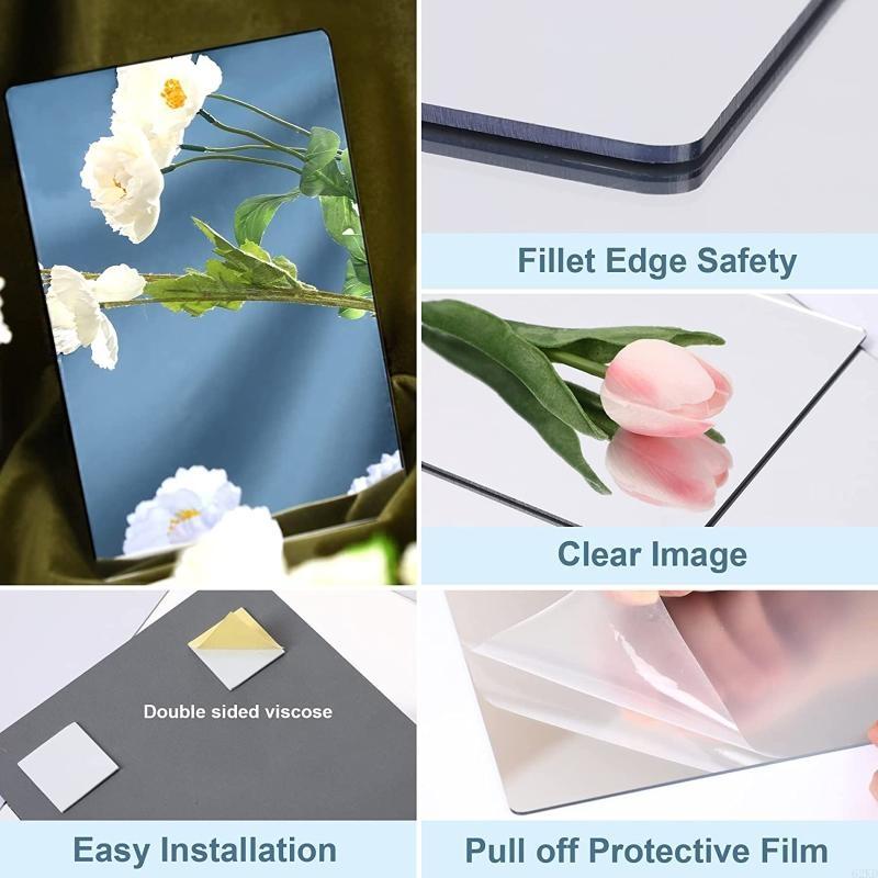62KD 4pcs Acrylic Mirror Sheets Flexible Non Glass Mirror Tiles with 16pcs Adhesive Stickers for Home Wall Decor
