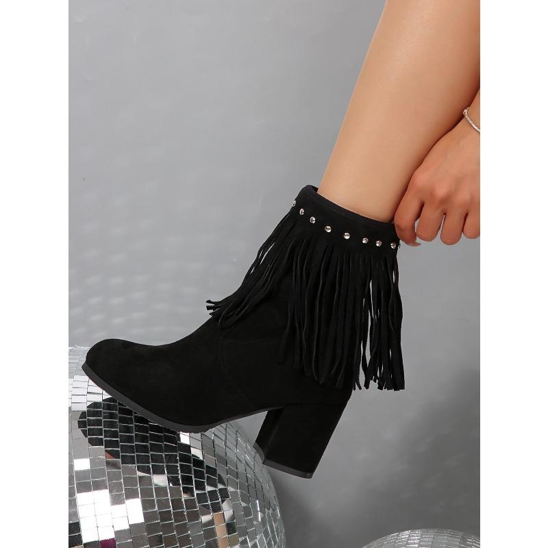 Rivet Suede Plus Size High Heeled Fashion Boots 2025 Winter New Fringed Boots for Women