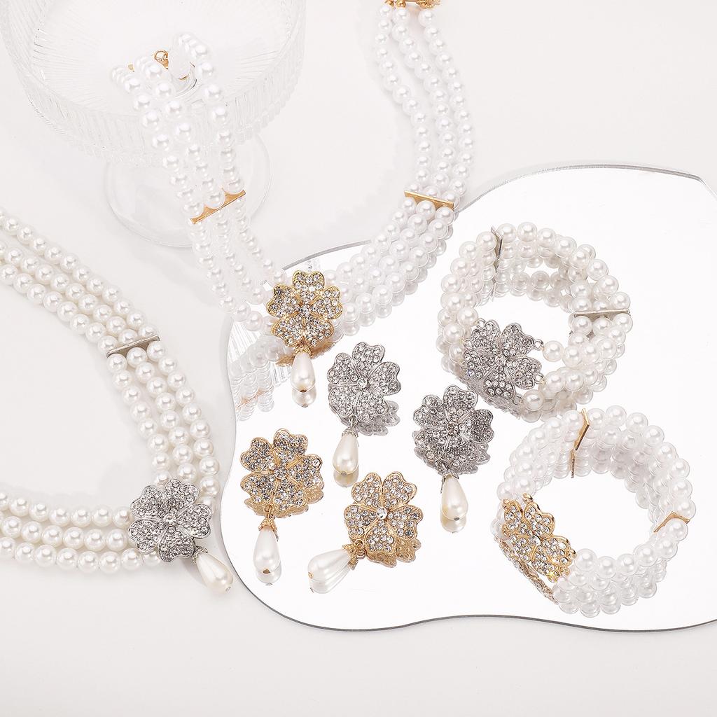Tooxika French Temperament Flowers And Diamonds Accessories White Pearl Earrings Necklace Bracelet Set Of Three Bridal Jewellery
