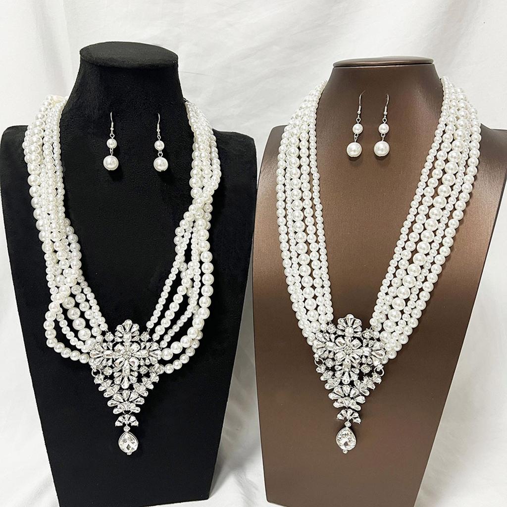Sparkling Multi Layer Faux Pearls Necklace And Earrings Set With Crystal Accent For Evening Party Elegant Jewelry Gift