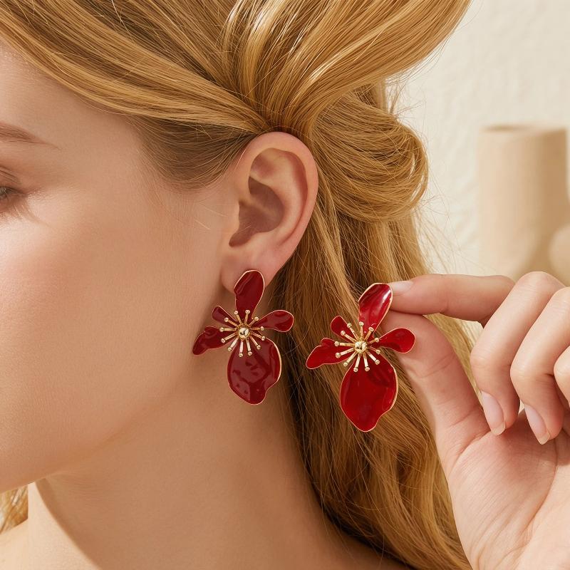Marbled Enamel Flower Earrings with Polished Gold Trim Lovely Chic Design for Wedding Prom Party Gift for Her