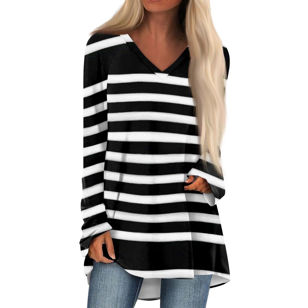 Women's Fashionable Casual Long-Sleeved Striped Print V-Neck Mid-Length Top