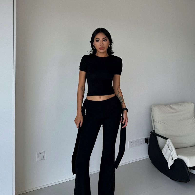 

Akiyo Studio Fashion Sexy Sexy Midriff-Baring Short Sleeve Female Summer High Waist Slim Looking Casual Pants Women s Pants Black Tops L