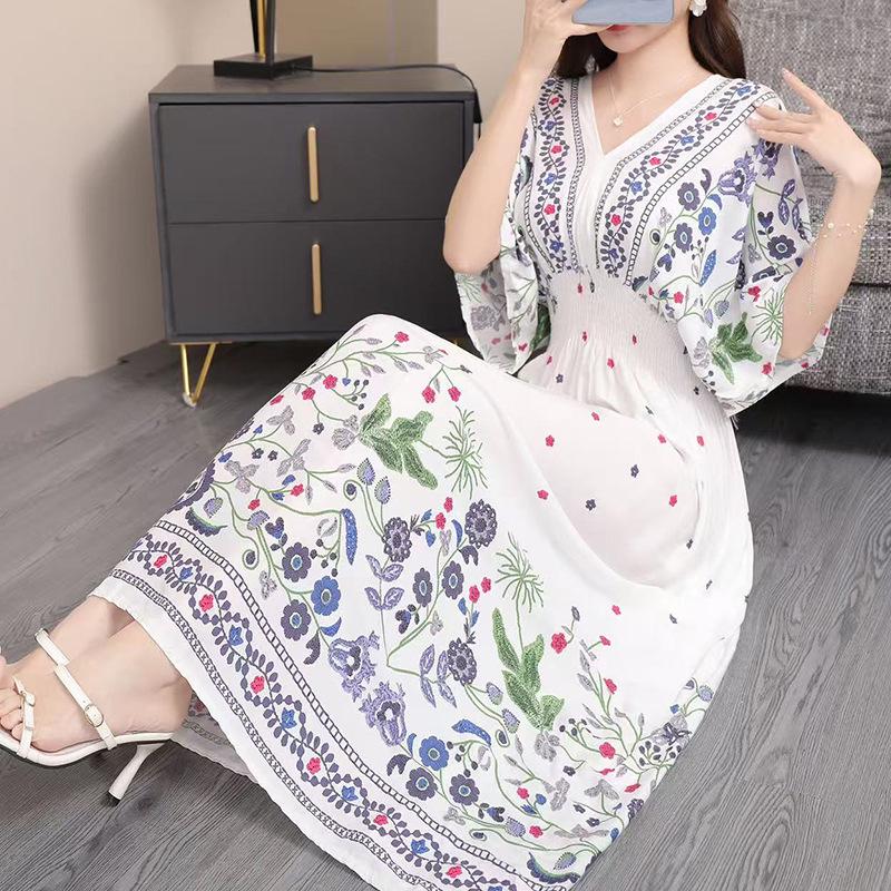 25th Anniversary Ethnic V-Neck Rayon Short Sleeve French-Thai Print Holiday Dress for Women