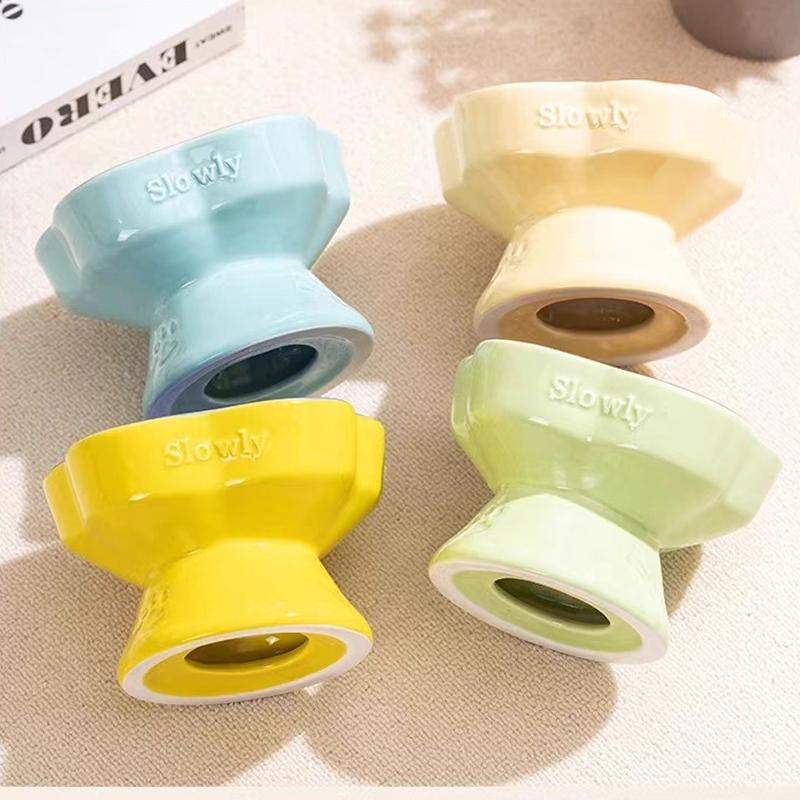 Creative Ceramic Drinking Water Food Tall footed Pet Bowls Anti Overturning Neck Protection Slow Food Anti Choking Cat Bowl, 1Pc