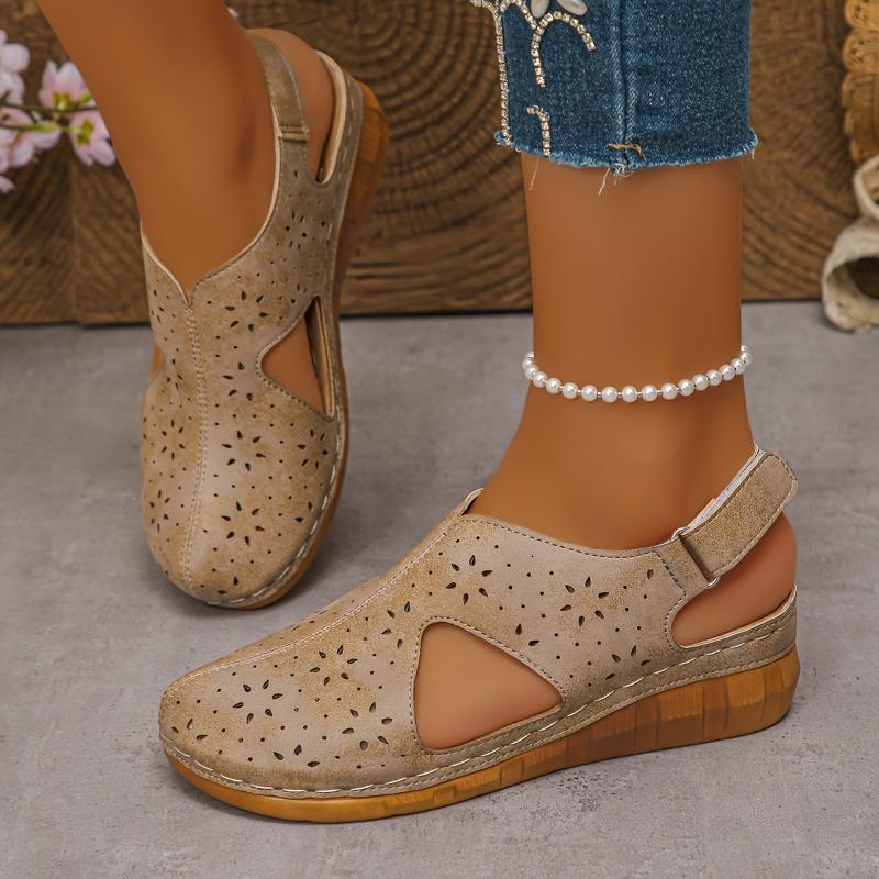 Women'S Stylish White Wedge Sandals with Cut-Out Design, Round Toe & Ankle Strap - Comfortable PU Cover Casual Shoes for Parties Wedge Sandals