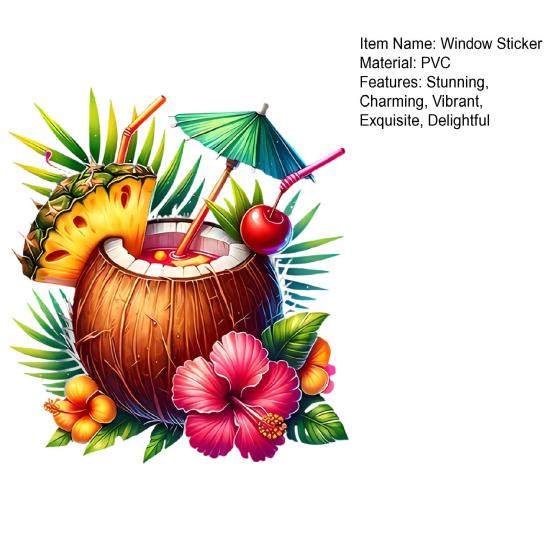 Summer Beach Window Cling Reusable Coconut Drink Pineapple Flower Static PVC Sticker Removable Hawaiian Tropical Theme Glass Decals for Living Room