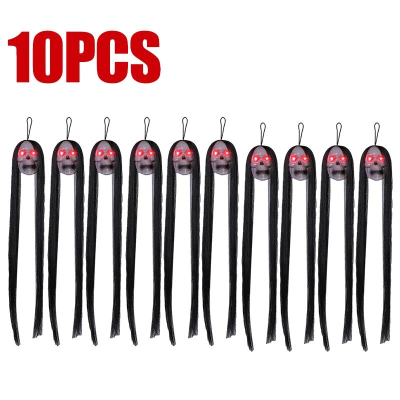 Halloween Hanging Ghost Skull with Long Hair Glowing Eyes Terror Skull Ghost House Head Skeleton Props 2025 Halloween Decoration