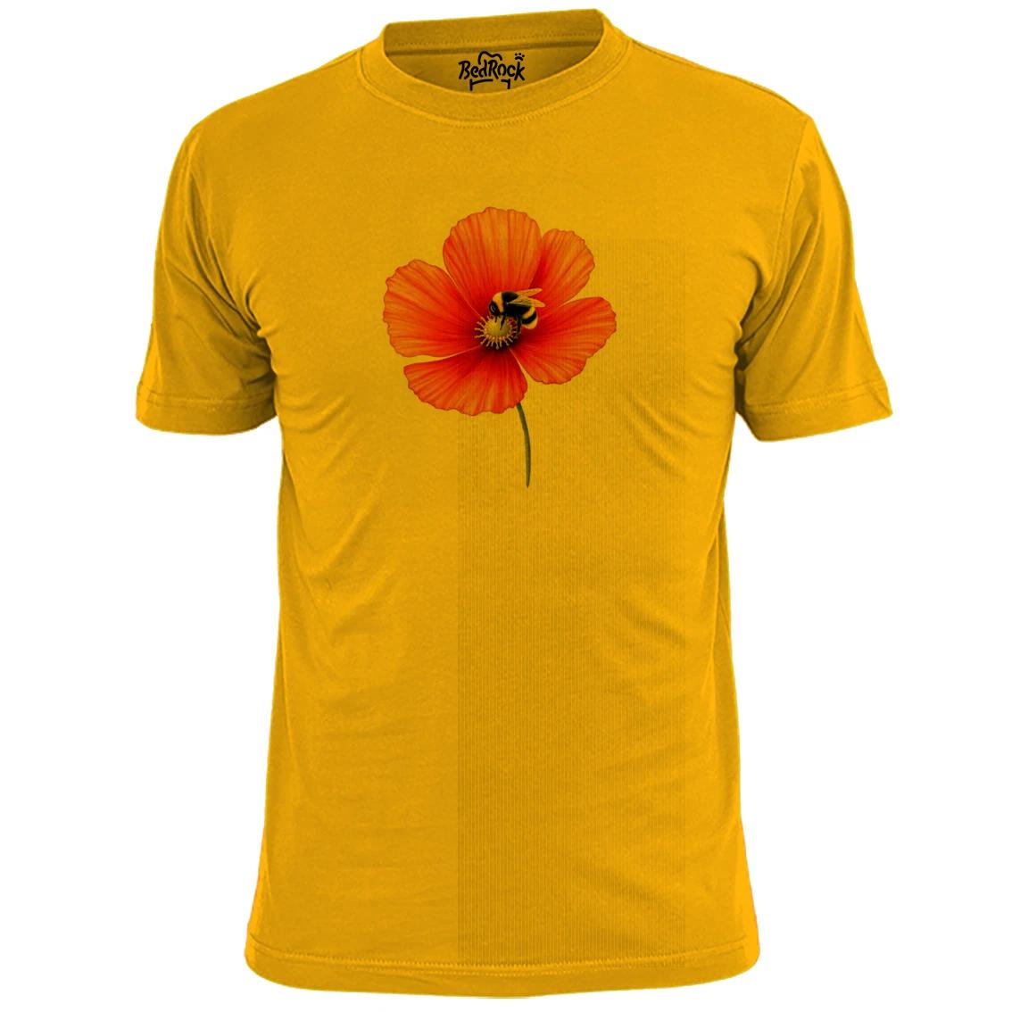 Mens Poppy Flower With Bee Drawing T shirt Honey Pollination XL