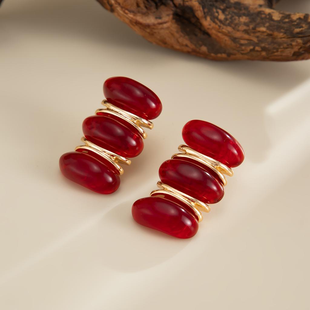 SHIXIN Creative Red Resin Acrylic Stud Earrings for Women Vintage Elliptical Geometric Piercing Earrings New Year Party Jewelry