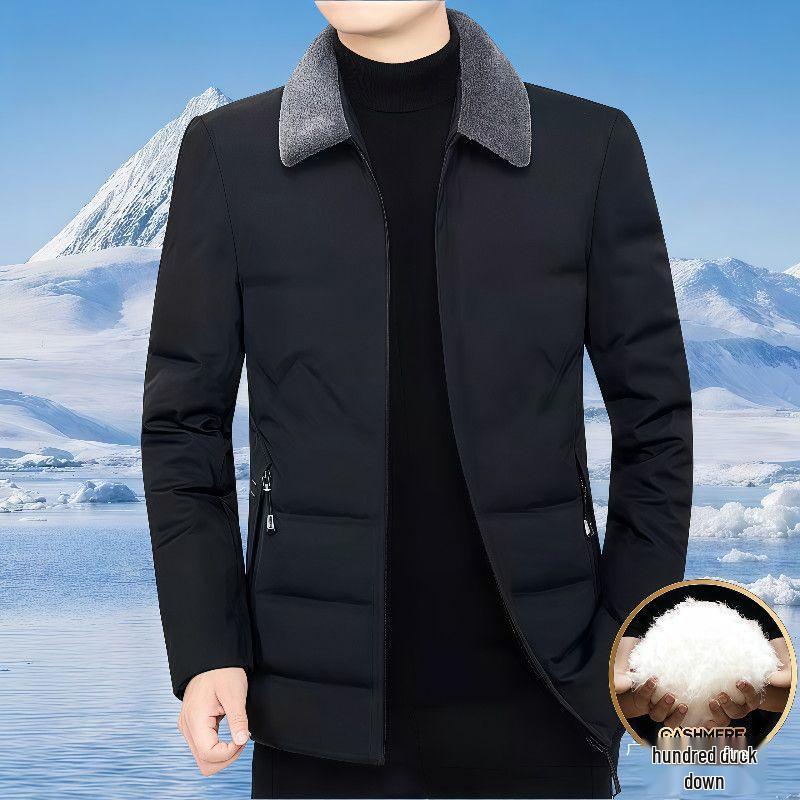 Men's Middle-Aged Warm Down Jacket with Detachable Fur Collar and Fleece Lining