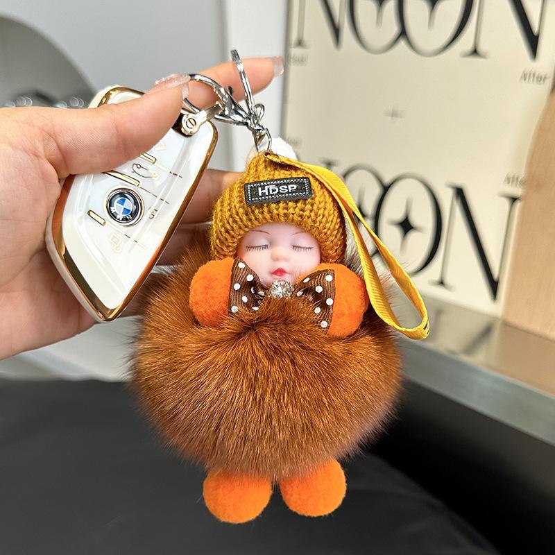 Pompom Sleeping Doll Keychain Cute Fluffy Plush Doll Keychains Women Girl Bags Keyrings Cars Key Ring Gift Charming Decoration