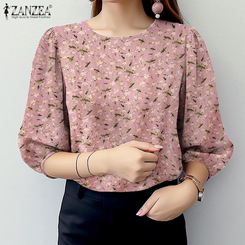 ZANZEA Women Casual Round Neck 3/4 Sleeve Loose Floral Blouse