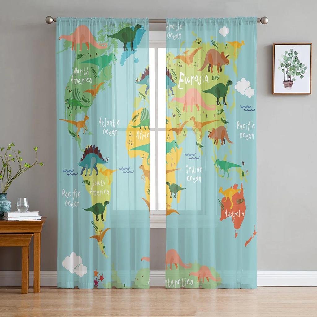 Dinosaur Jungle Curtain Window Tulle Living Room Bedroom Kitchen Chiffon Treatment Decorations Sheer For Sitting Made Of Polyester
