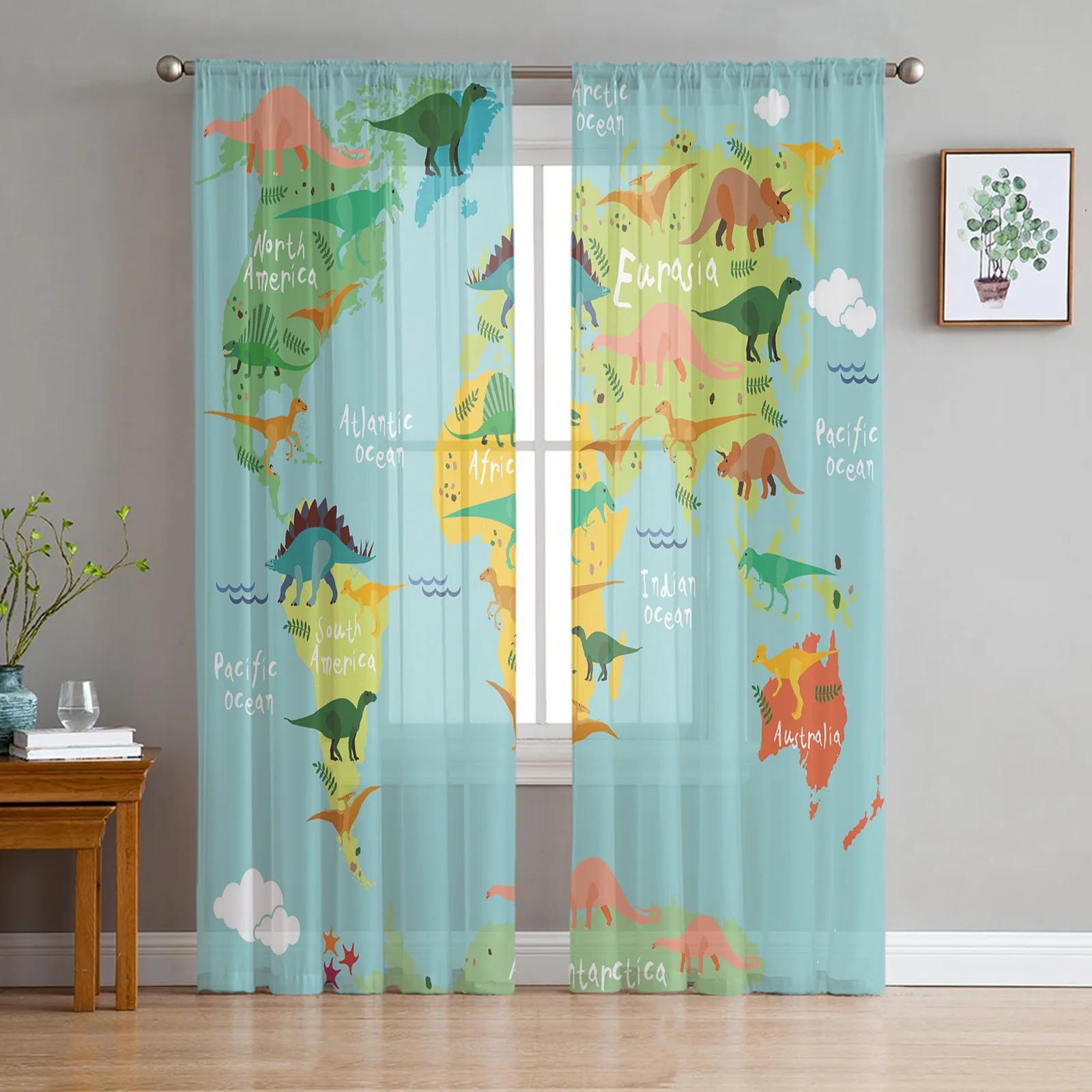 

Cute Cartoon Dinosaur Kawaii Tulle Sheer Curtains Ideal for Living Room Ornamentation Window Curtain Ideal for Bedroom Voile Organza Drapes W135 x H115cm x1&Grommet Top