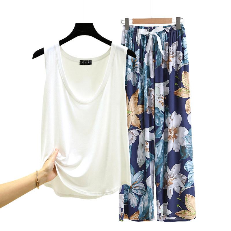

Modal Loose Pajamas sets U-Neck Top and Floral wide leg Pants women s casual homewear suit Plus size outwear 2XL