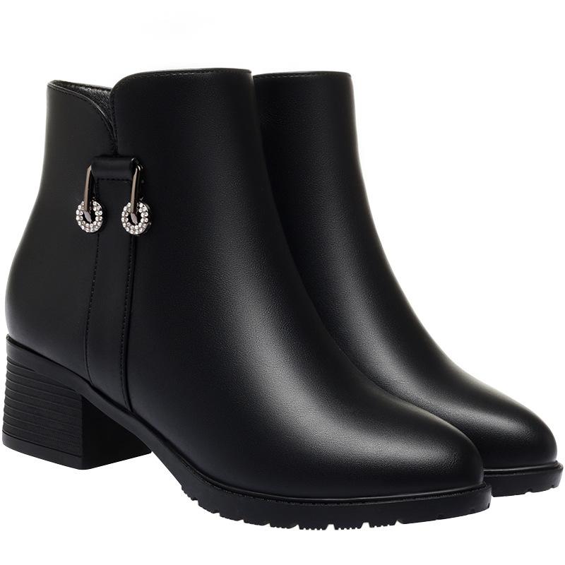 Women's thick-heeled short boots, autumn and winter new single boots, soft leather and velvet leather shoes