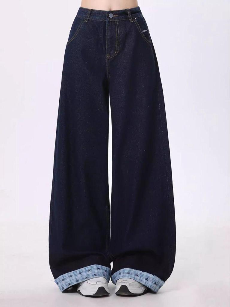 Women's Retro Bow Plaid Cuffed Jeans: High Street Loose Wide-Leg Pants for Spring and Autumn
