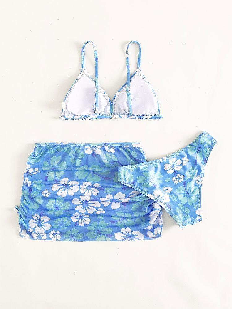 Costume da bagno a tre pezzi con stampa floreale per bambina